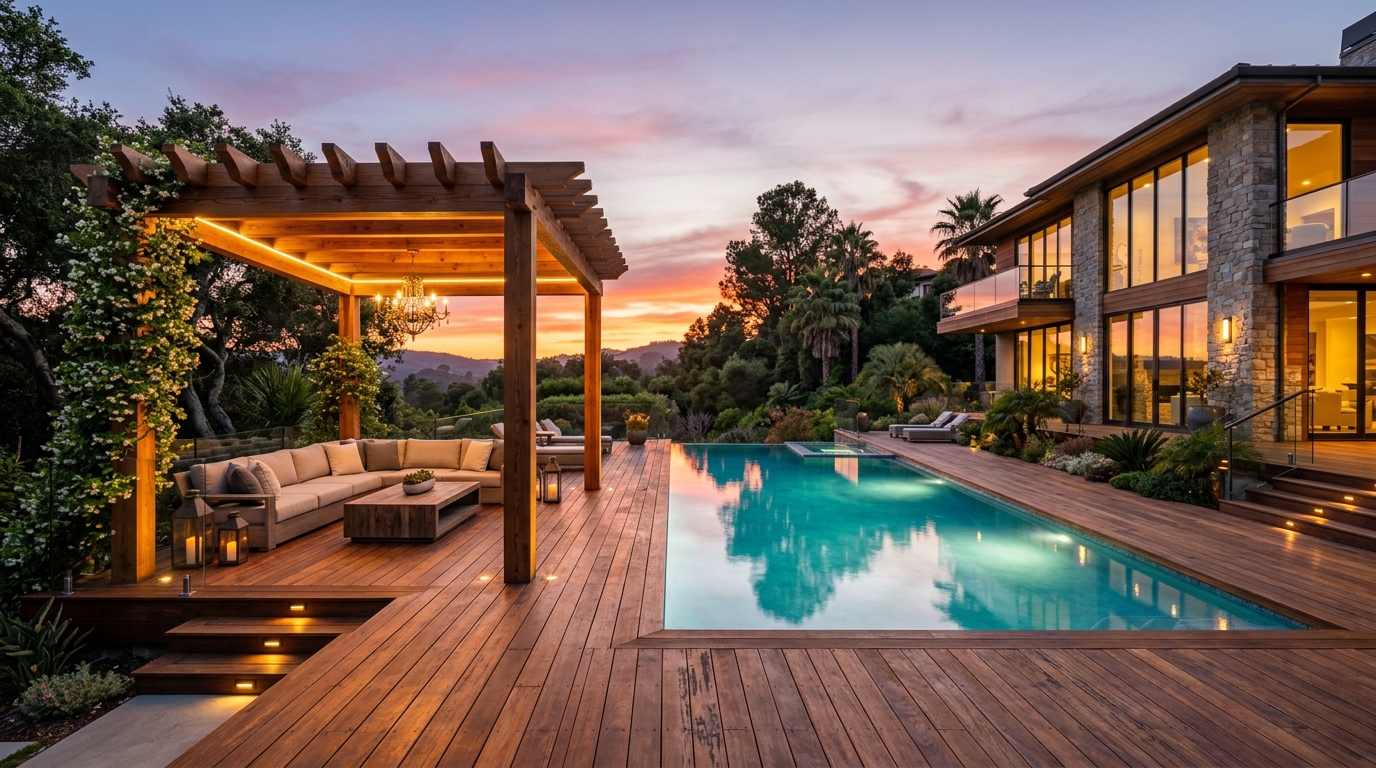 Deck de Madeira e Pergolado de Luxo com Piscina ao Pôr do Sol